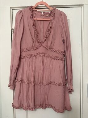 Francesca's Collections Dusty Rose Ruffle V-Neck Long Sleeve Mini Dress
